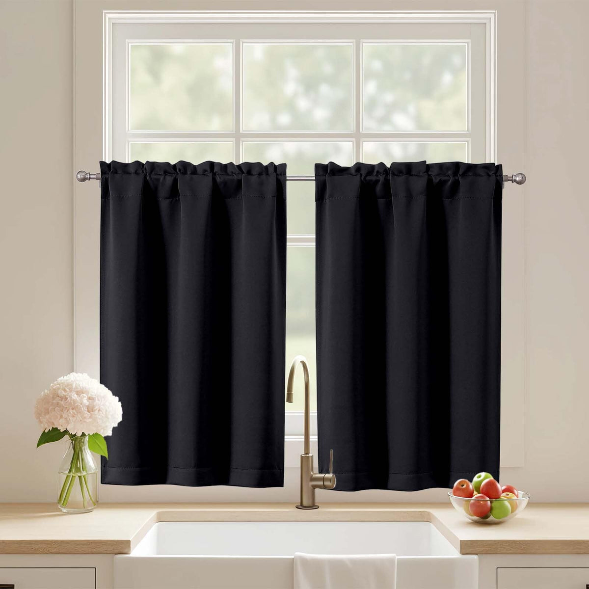 Black Cafe Curtains 24 Inch Length, Light Blocking Short Kitchen Window Curtains Over Sink, Half Window Blackout Drapes Tier Rod Pocket for Bathroom Basement Cabinet, 2x30Wx24L Inches