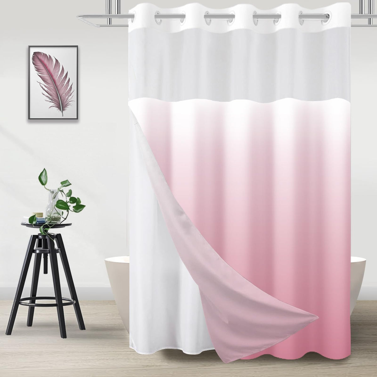 No Hook Shower Curtain and Liner Set, Ombre Black and White, 71x74