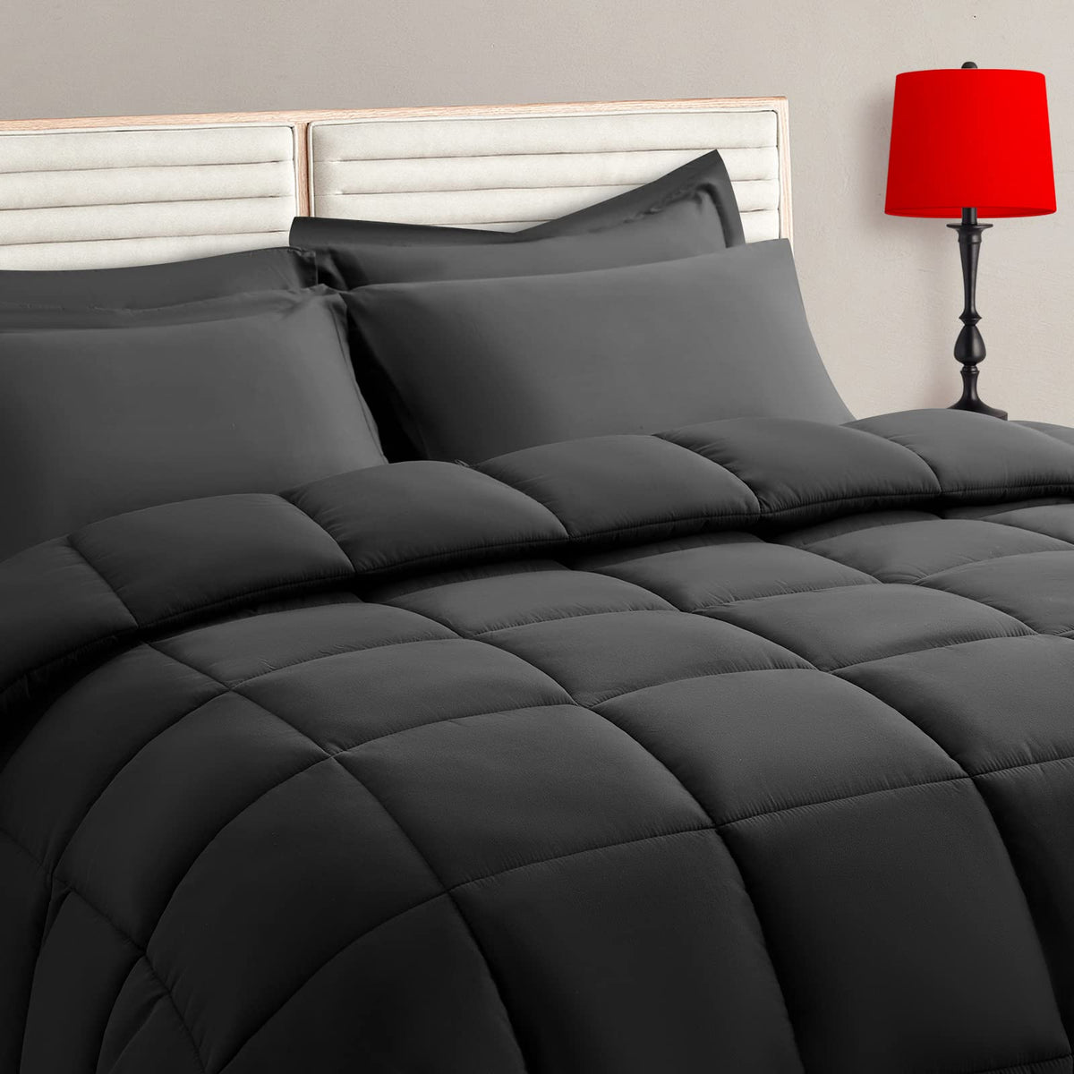 TAIMIT Twin Size Comforter Set - 5 Pieces, Bed in a Bag Bedding Sets with All Season Soft Quilted Warm Fluffy Reversible Comforter,Flat Sheet,Fitted Sheet,1 Pillow Shams,1 Pillowcases,Black