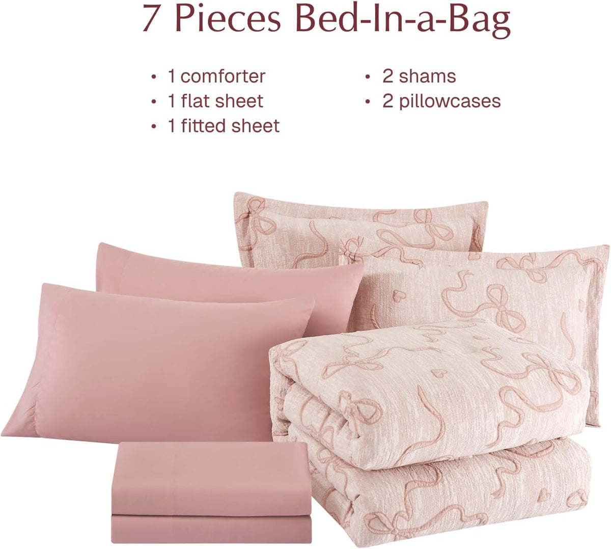 Full Size Comforter Sets for Girls - 7 Pieces Pink Bedding Bow Bed in a Bag