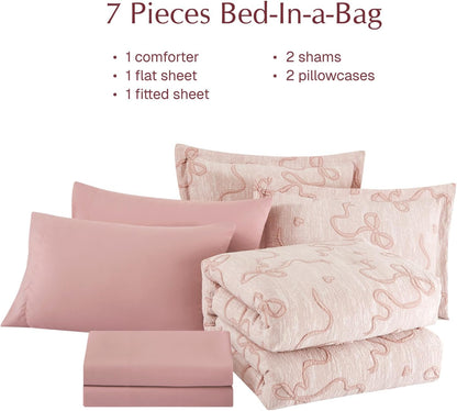 Full Size Comforter Sets for Girls - 7 Pieces Pink Bedding Bow Bed in a Bag