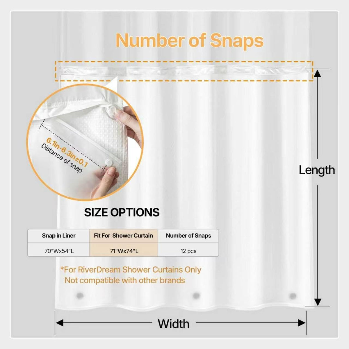 River Dream Plastic(PEVA) Snap in Shower Curtain Liner Replacement,70Wx54H