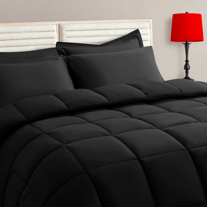 TAIMIT Twin Size Comforter Set - 5 Pieces, Bed in a Bag Bedding Sets with All Season Soft Quilted Warm Fluffy Reversible Comforter,Flat Sheet,Fitted Sheet,1 Pillow Shams,1 Pillowcases,Black
