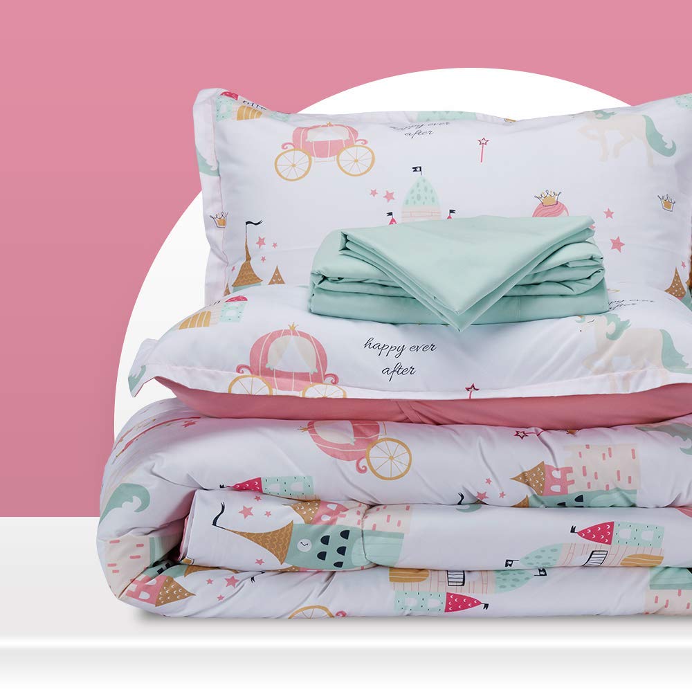 SLEEP ZONE Comforter Set Bed in A Bag, 7 Pieces Girls, Cattoon Pattern for Kids, Toddlers, Teens, Ultra Soft and Washable (Garden Secret,Full/Queen)