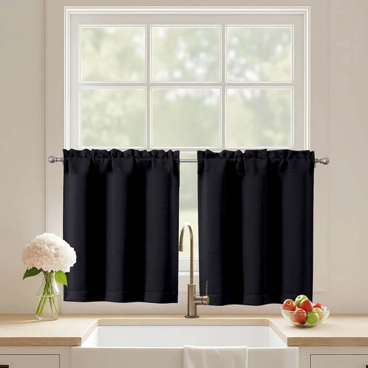 Black Cafe Curtains 24 Inch Length, Light Blocking Short Kitchen Window Curtains Over Sink, Half Window Blackout Drapes Tier Rod Pocket for Bathroom Basement Cabinet, 2x30Wx24L Inches