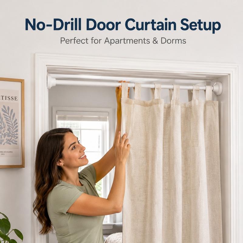 Hole-free French floral door curtains | Luxurious lace curtains with hanging crystal beads, ideal for decorating rented properties