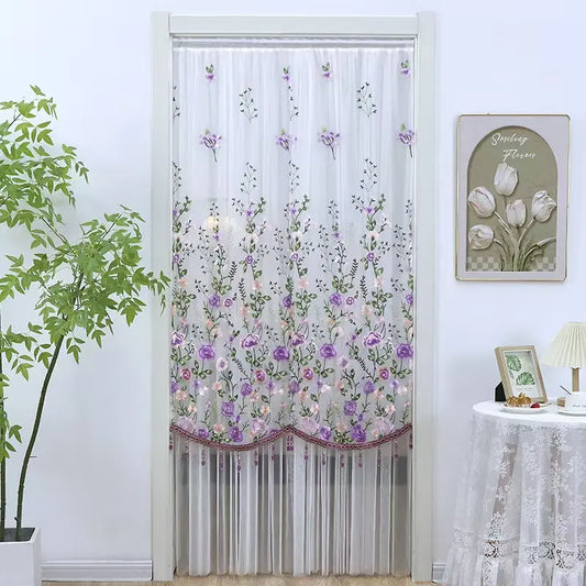 No-Drill Romantic Floral Lace Mosquito Screen (39x79 in) - Embroidered Sheer Curtain with Beaded Tassels, Suitable for Bedrooms, Closets, Embroidery