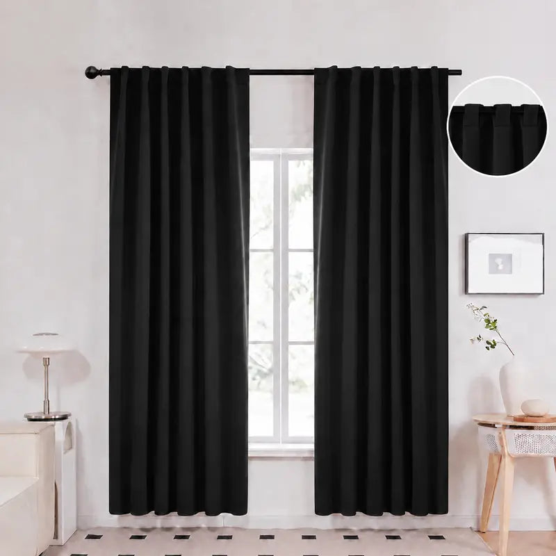Deconovo 2-Panel All-Black Blackout Window Drapes - 85%-95% Light Blocking, Single Layer with Back Tab & Rod Pocket, Thermal Insulated Soundproof Curtains for Bedroom, Living Room Decor,back to school,dorm essentials,home decor,home essentials
