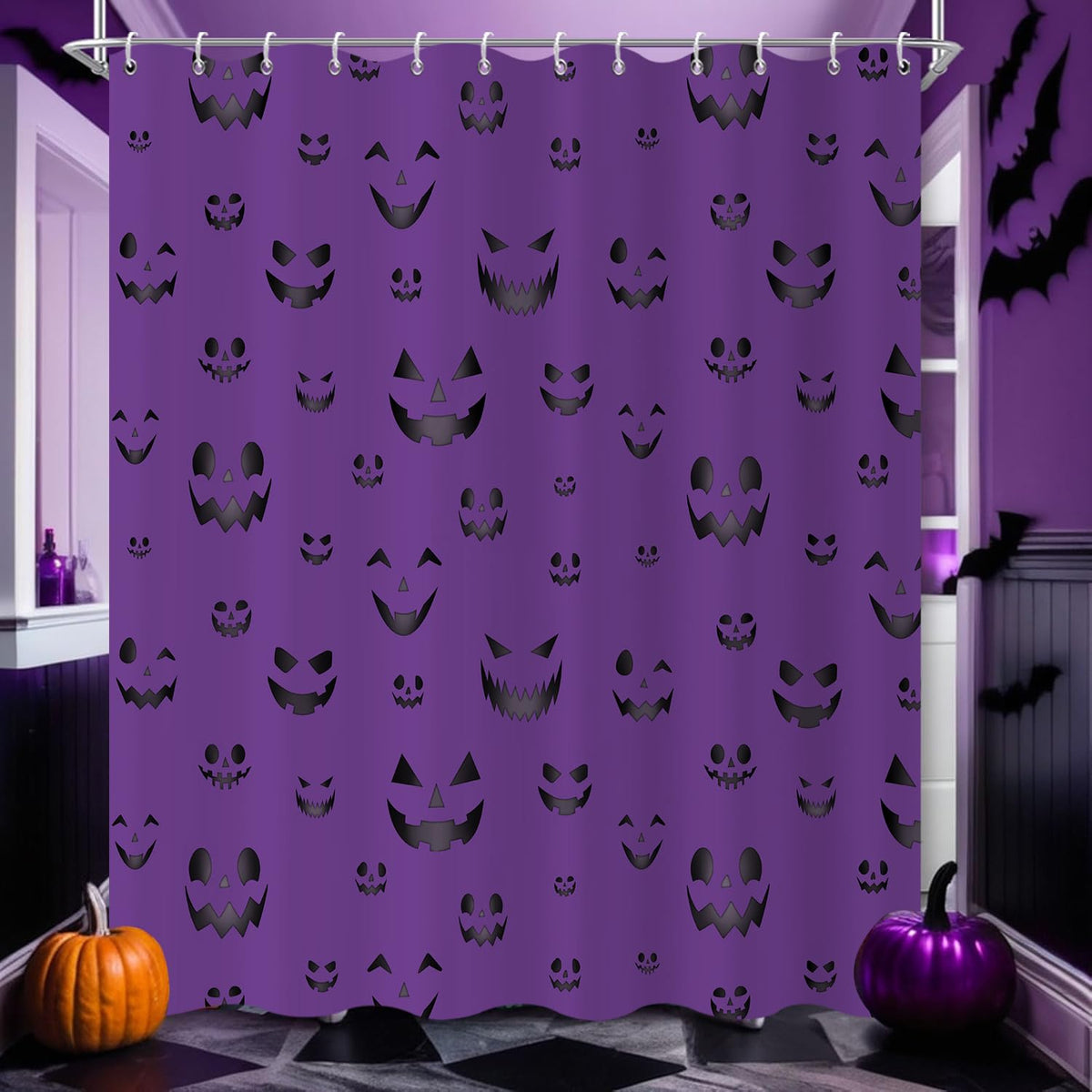 Halloween Shower Curtain, Black and White Funny Ghosts Icons Spooky Cute Halloween Bathroom Curtain Waterproof Fabric Machine Washable with Hooks, 72" Wx72 L