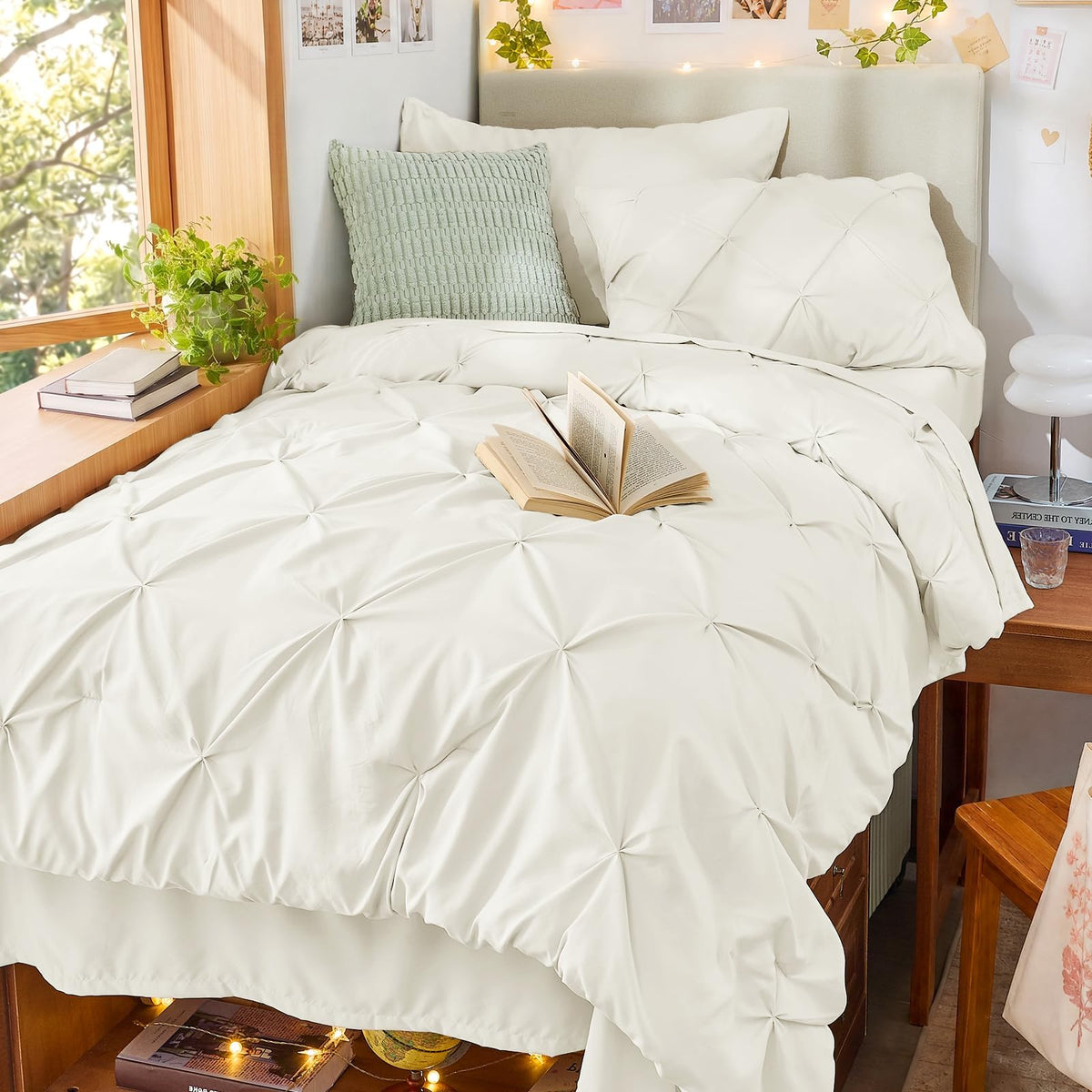Sasttie Full Size Comforter Set, 7-Piece Bed in a Bag Double, Pintuck Bedding Set for All Season, Includes Comforter, Flat Sheet, Fitted Sheet, Pillowcases and Pillowshams, Beige