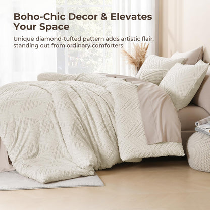 Litanika King Size Comforter Set, 3 Pieces Beige Tufted Boho Bedding Set