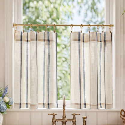 jinchan Linen Striped Tier Curtains for Kitchen Windows Green 26 x 24 inch