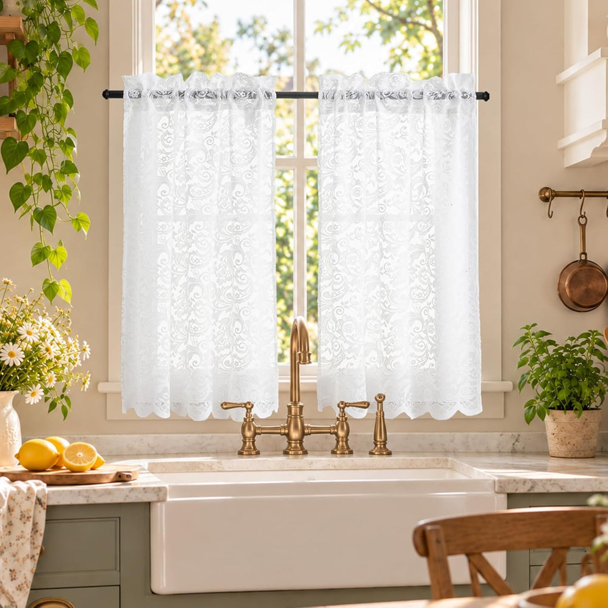 ALIGOGO Short White Lace Kitchen Curtains 36 Length 2 Panels W26 x L36 Inch