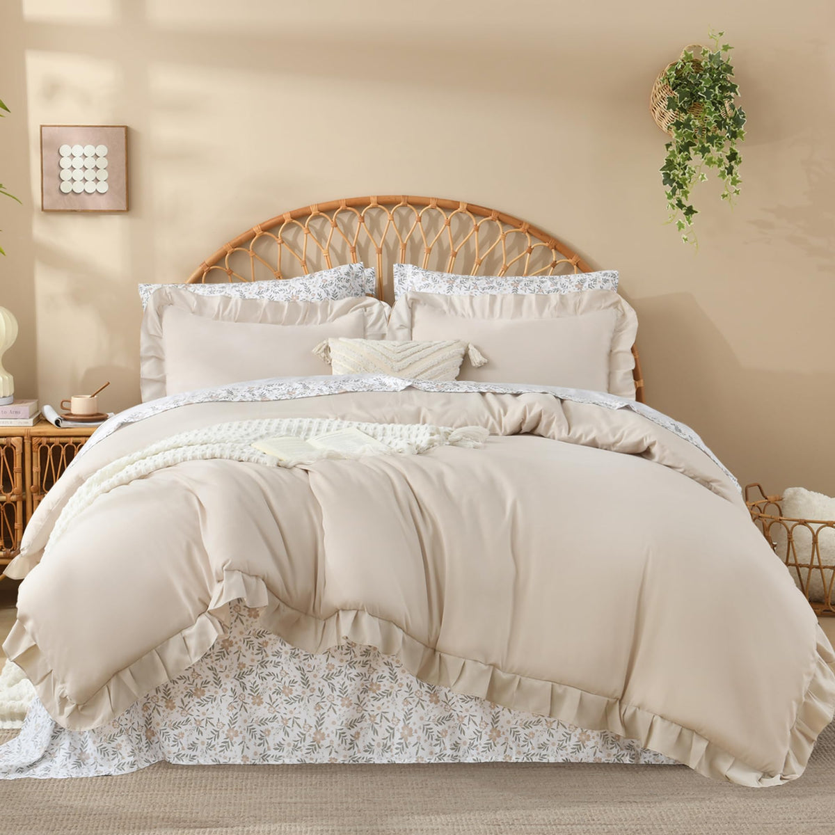 Litanika 7Pcs Full Ruffled Sage Green Comforter Set with Floral Sheets