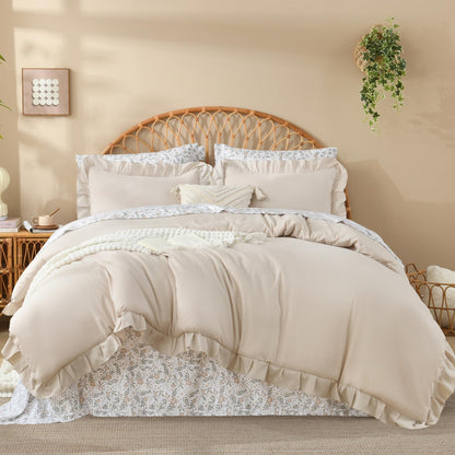 Litanika 7Pcs Full Ruffled Sage Green Comforter Set with Floral Sheets