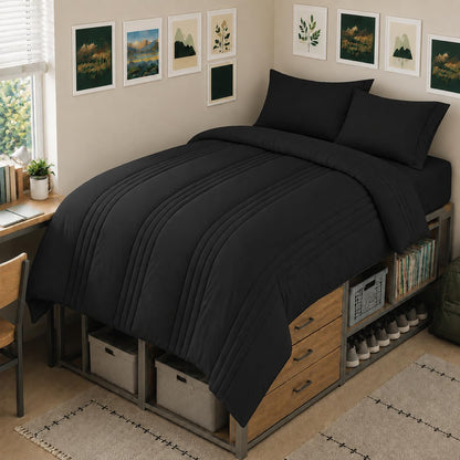 CozyLux Queen Comforter Set Beige - 7 Pieces Vertical Quilted Bed in a Bag