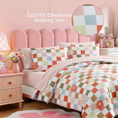 Twin XL Comforter Set for Girls Colorful Checkered Bed in a Bag 5 Pieces