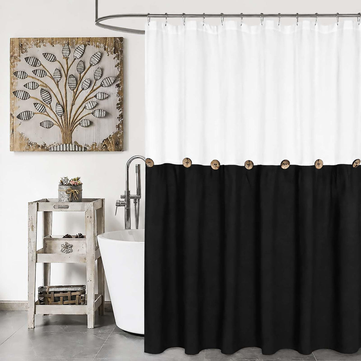 DOSLY IDÉES Farmhouse Shower Curtain,Beige and Gray Stripe,Button Curtain,Linen and Cotton Woven Fabric,Rustic Charm Country Chic Style,72x72 in