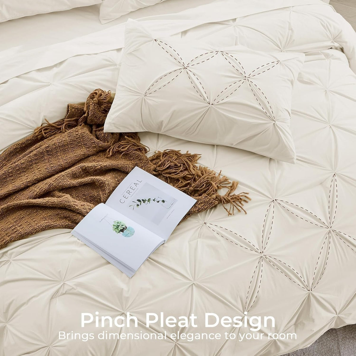 Sasttie Full Size Comforter Set, 7-Piece Bed in a Bag Double, Pintuck Bedding Set for All Season, Includes Comforter, Flat Sheet, Fitted Sheet, Pillowcases and Pillowshams, Beige