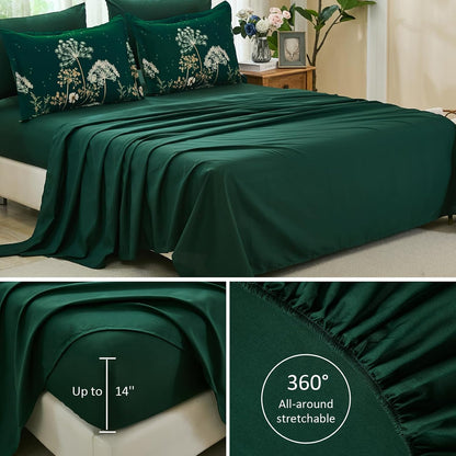 Yiran Queen Comforter Set, 7 Piece Floral Dark Green Dandelion Bed in a Bag