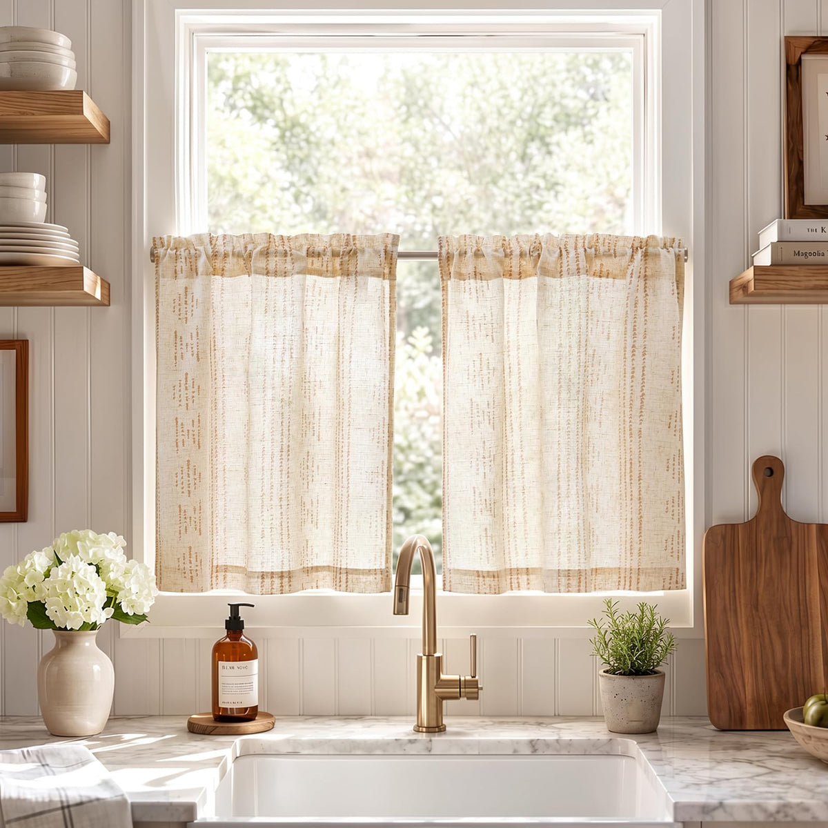 jinchan Linen Striped Tier Curtains for Kitchen Windows Green 26 x 24 inch