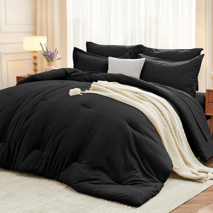 MUXHOMO Full Comforter Set 7 Pieces, Soft Bed in a Bag, Beige