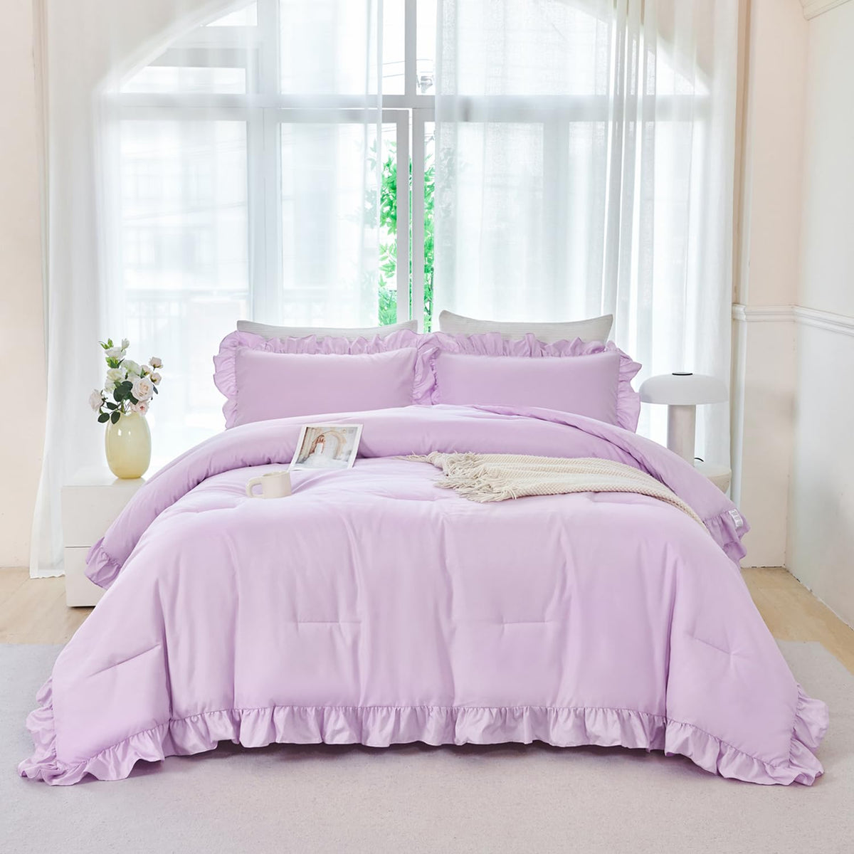 ANGIYUIN Light Blue Ruffle Girls Comforter Set Twin Size 5 Pieces Ruffled Farmhouse Bed in A Bag Solid Boho Bedding Comforter Sets Soft Fluffy Bed Sets for Kids Girl(Light Blue Twin)