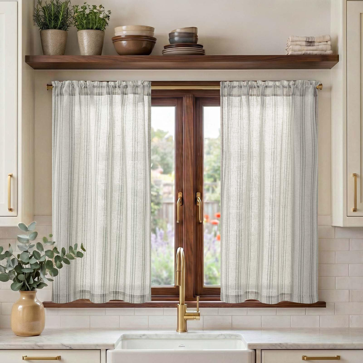 jinchan Linen Striped Tier Curtains for Kitchen Windows Green 26 x 24 inch