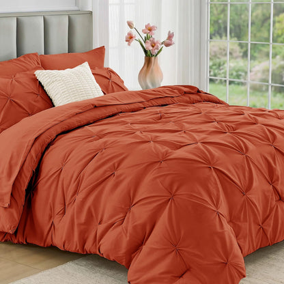 JOLLYVOGUE Queen Comforter Set 7 Pieces - Bed in a Bag Queen for All Season, Pintuck Bedding Comforter Sets with Comforter, Flat Sheet, Fitted Sheet and Pillowcases & Shams, Pink