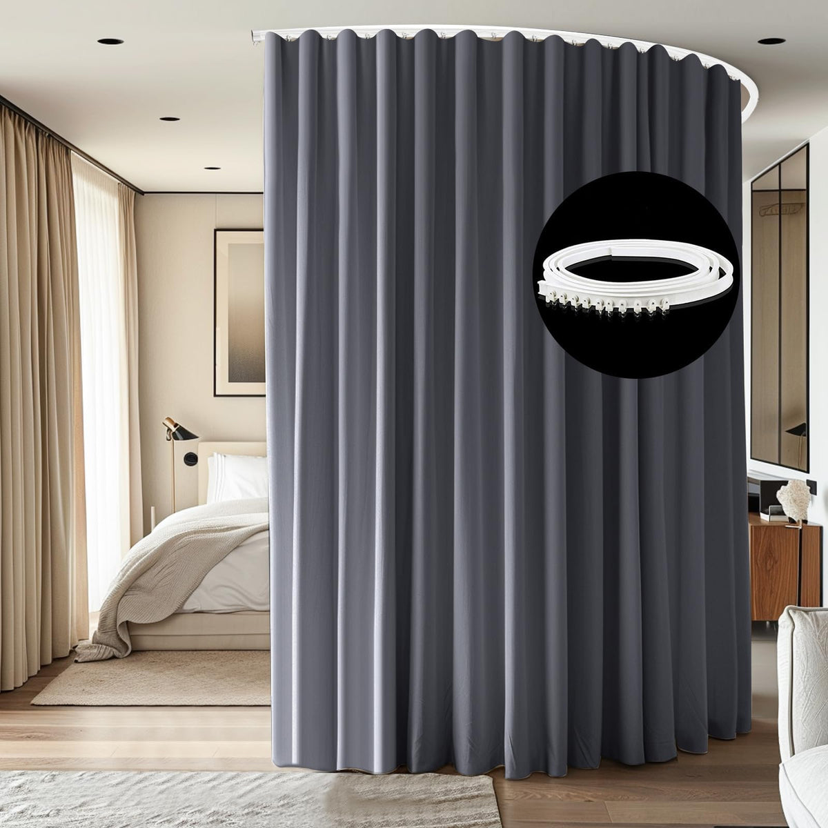 Room Divider Ceiling Mounted Curtains Track Sets Extra Wide Blackout Curtain Flexible Tracks for Bedroom Privacy Partition Separator, 1 Panel Black Drape and White Rail, W8.3 x H8ft