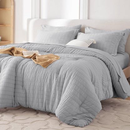 MUXHOMO Queen Comforter Set 7 Pieces, Seersucker Bed in a Bag, Beige