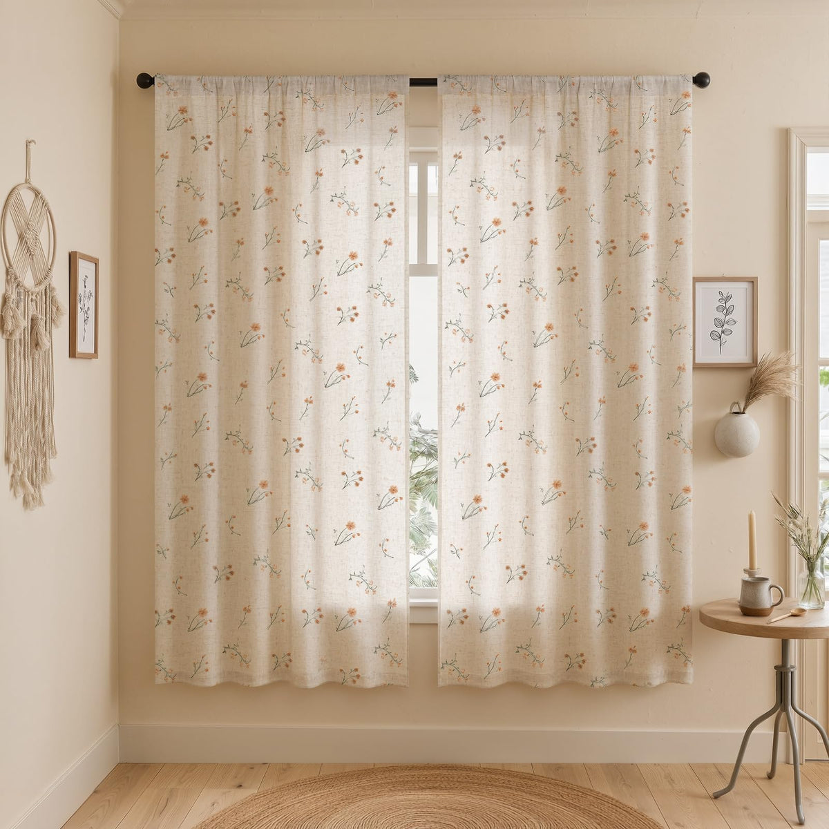 Boho Floral 100% Blackout Curtains 84 Inch 2 Panels Linen Texture