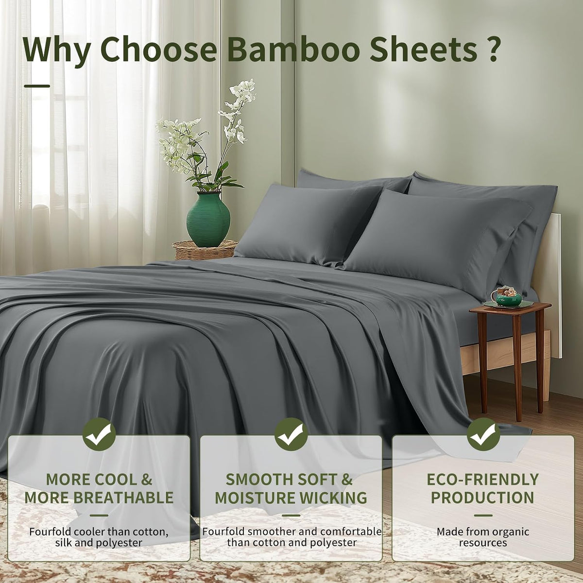 Shilucheng 6 Piece Queen Sheet Sets, Cooling Sheets, Dark Grey