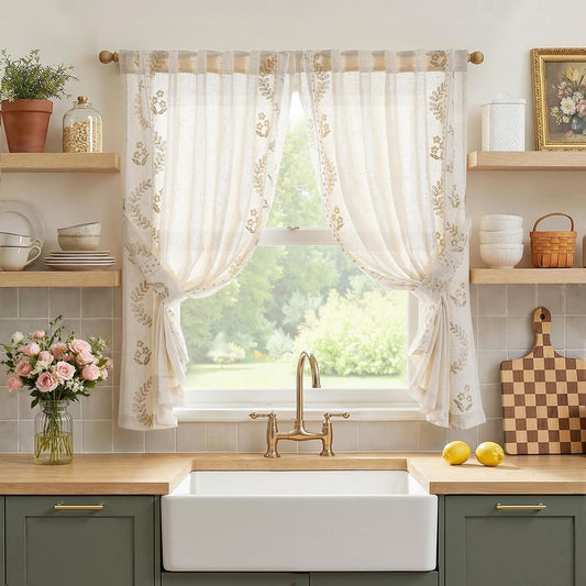 jinchan Beige Floral Linen Kitchen Tier Curtains 50x45 Inch 2 Panels