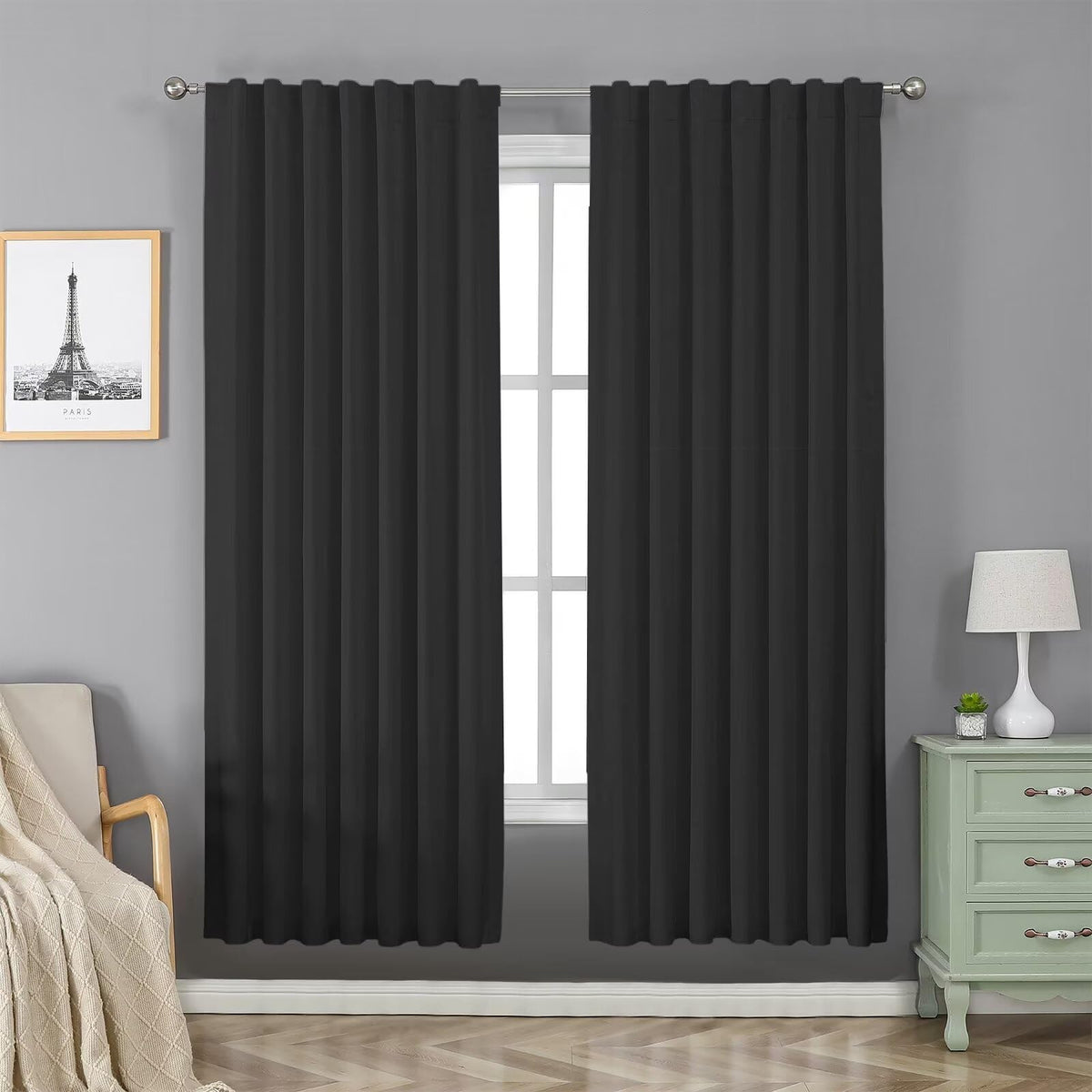 Joydeco Blackout Curtains for Bedroom, Black out curtains 96 inch long 2 Panels, Long Black Drapes with Rod Pocket Back Tab, Room Darkening Noise Reducing & Wrinkle-Free Drapes for Living Room Windows