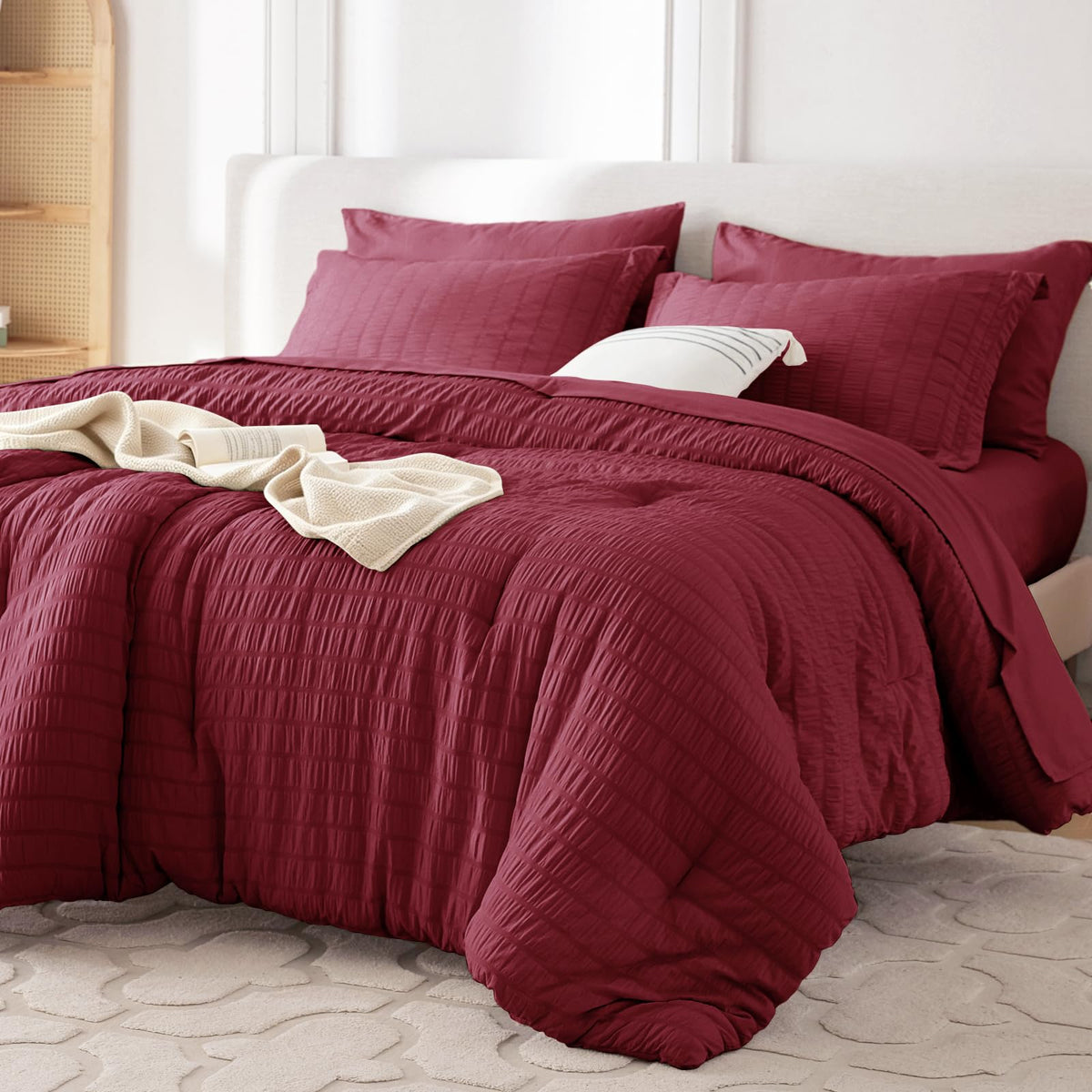 MUXHOMO Queen Comforter Set 7 Pieces, Seersucker Bed in a Bag, Beige