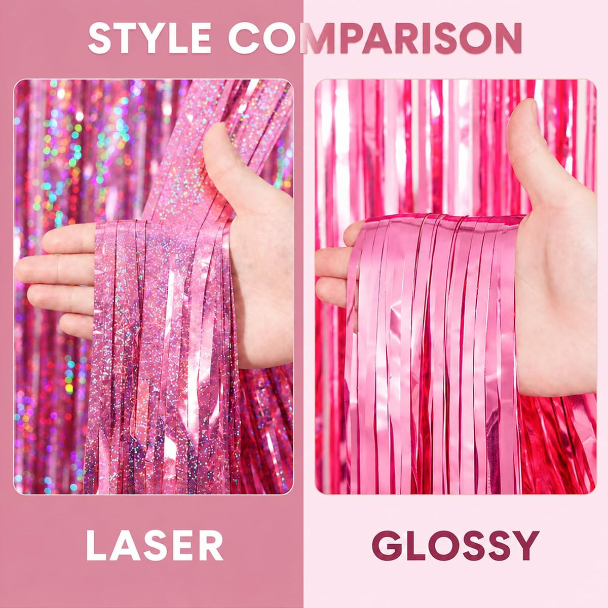 Voircoloria Laser Pink Foil Fringe Backdrop Curtains,3.3x6.6ft, 2 Pack