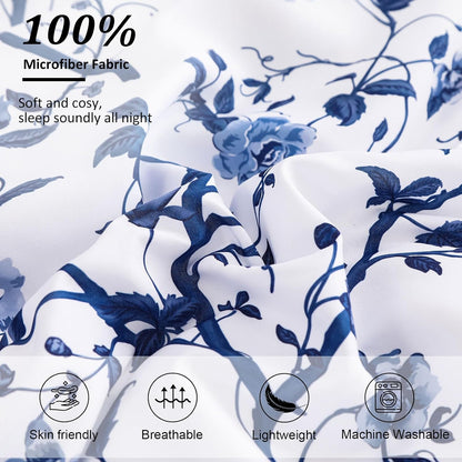 Dobuyly Floral Queen Comforter Set, 7 Piece Bed in a Bag Queen Size Blue Flowers on White Botanical Bedding Set, Soft Microfiber Bedding Comforter Sets with Sheets for All Season