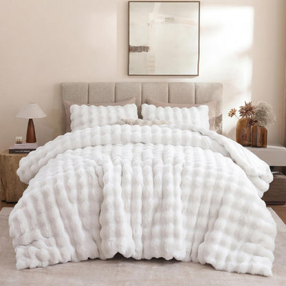 YIKUSH Queen Faux Fur Soft Comforter Set, Fluffy Linen Rabbit Fur Comforter