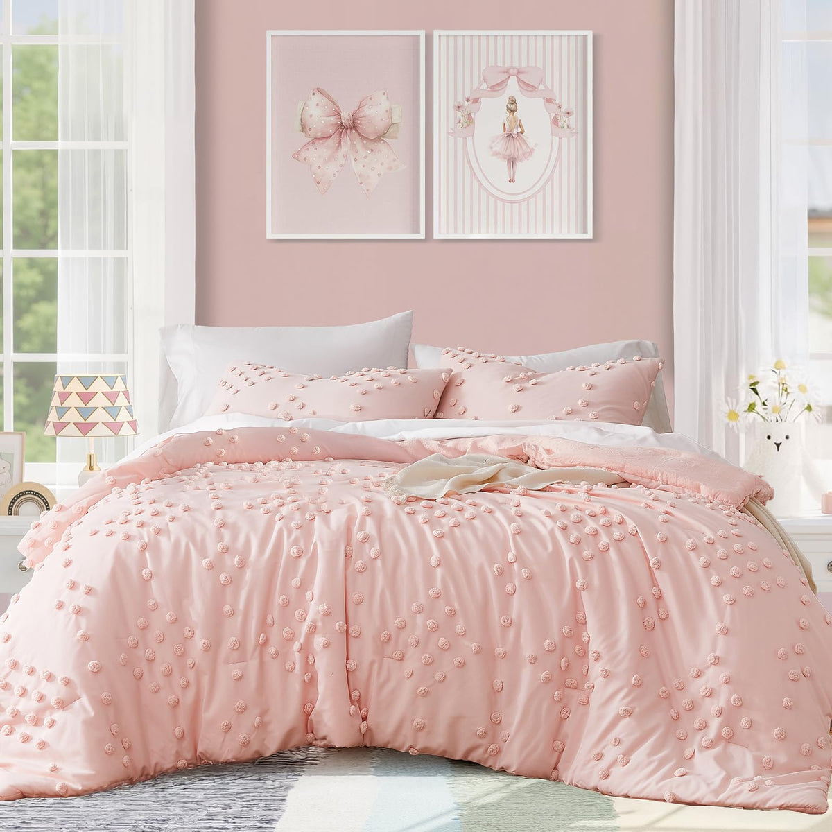 Full Size Comforter Sets for Girls - 7 Pieces Pink Bedding Bow Bed in a Bag