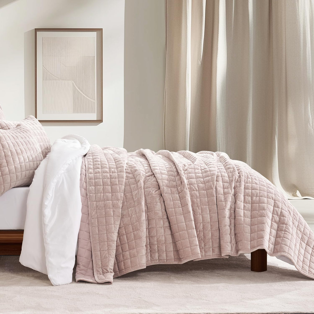 RECYCO Channel Box Stitch Velvet Quilt Set, King Size, Beige