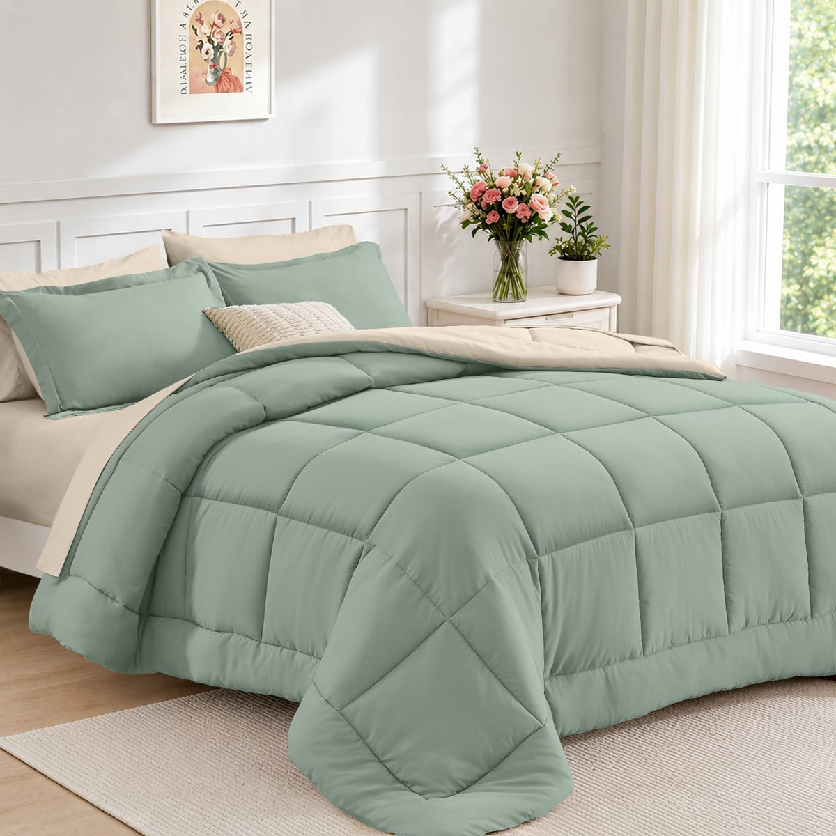 FUANNA Queen Comforter Set 7 Pieces, Reversible Bed Set, Soft Bed in a Bag