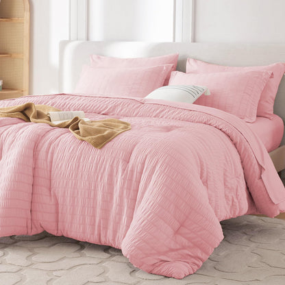 MUXHOMO Queen Comforter Set 7 Pieces, Seersucker Bed in a Bag, Beige