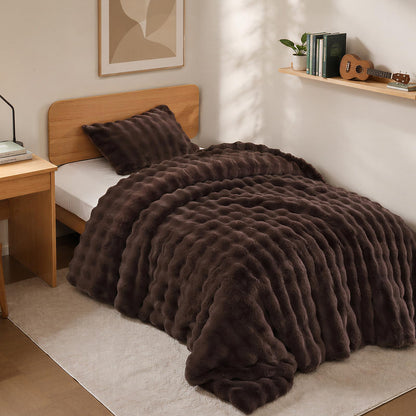 YIKUSH Queen Faux Fur Soft Comforter Set, Fluffy Linen Rabbit Fur Comforter
