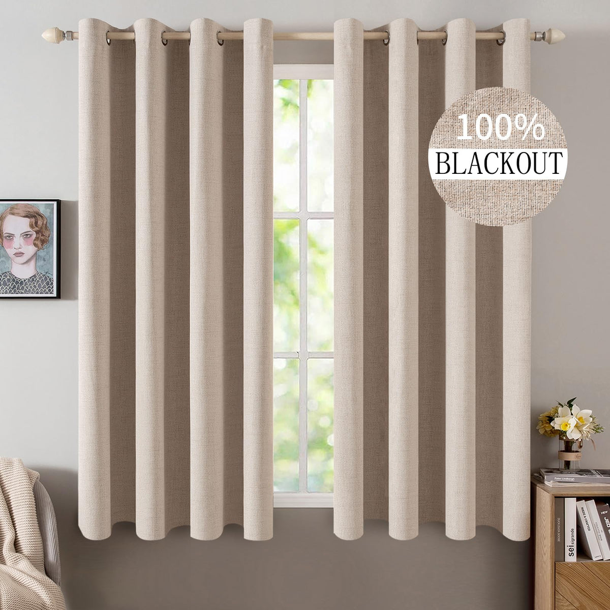 MIULEE 100% Blackout Linen Curtains for Bedroom 52x90 Inches Natural Beige