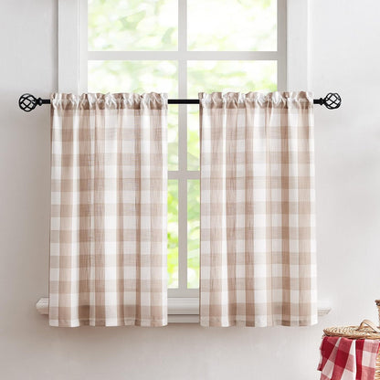 Taupe White Check Kitchen Tier Curtains for Basement Laundry 27x36 2pcs