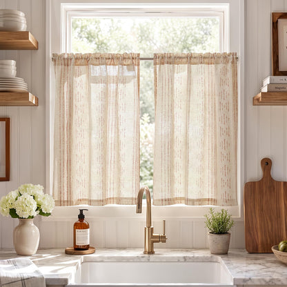 jinchan Linen Striped Tier Curtains for Kitchen Windows Green 26 x 24 inch