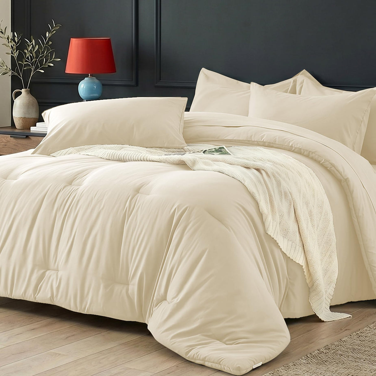 Queen Comforter Set 7 Piece - Black Soft Bed in a Bag Queen Size Comforter Sets, Lightweight Bedding Sets with Down Alternative Comforter, Flat Sheet, Fitted Sheet, 2 Pillowcases & 2 Shams