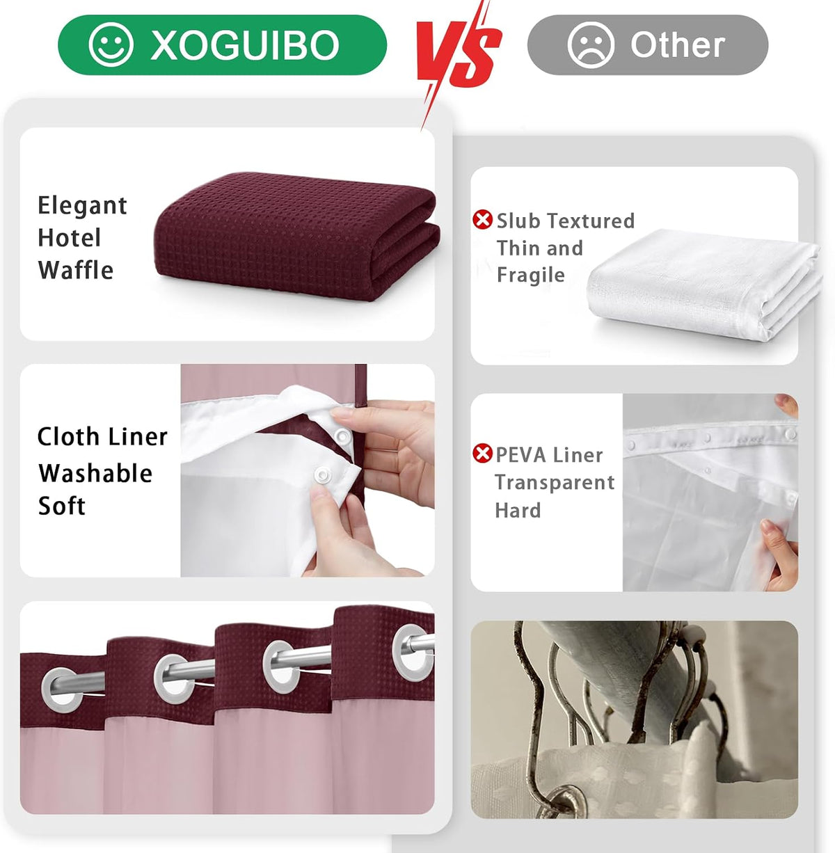 No Hook Shower Curtain with Liner Set Hotel Waffle Burgundy 72W X 75L