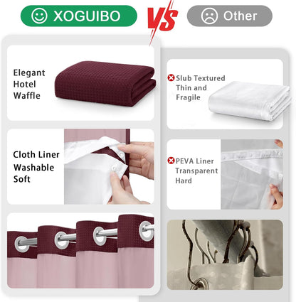 No Hook Shower Curtain with Liner Set Hotel Waffle Burgundy 72W X 75L